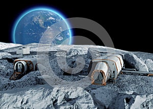 Lunar base, spatial outpost. First settlement on the moon. Space missions. Living modules for the conquest of space.