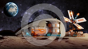 Lunar base, spatial outpost. First settlement on the moon. Space missions. Living modules for the conquest of space