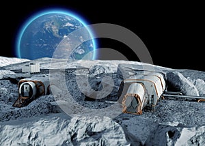 Lunar base, spatial outpost. First settlement on the moon. Space missions. Living modules for the conquest of space. photo