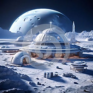 lunar colony with domed structures and space shuttles k uhd vr photo