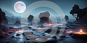Lunar Dreamscape. Dreamy depiction of a moonlit landscape on a desolate alien world