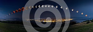 Lunar eclipse with bloody moon from its moonrise till moonset