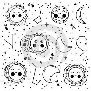 Lunar eclipse phases. Black and white hand drawn vector