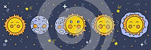 Lunar eclipse phases. Hand drawn vector, blue horizontal background