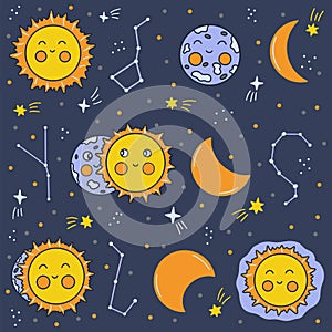 Lunar eclipse phases. Stars and constellations. Hand drawn vector