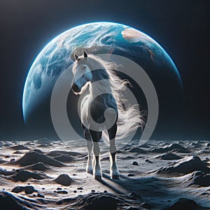 Lunar Equine Majesty: A Horse on the Moon\'s Surface with Earth in the Background