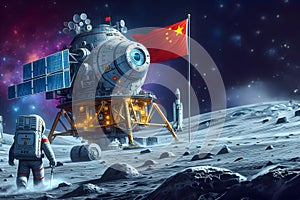 Lunar exploration, astronaut, lunar lander, Chinaâ€™s space mission, moon surface, and space technology