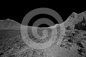 Lunar landscape with rocky hills and black sky. Exploration and science fiction background