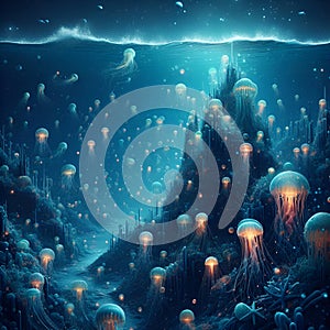 Lunar Luminescence: Moonlight and Jellyfish Glow Illuminate the Nocturnal Ocean. photo