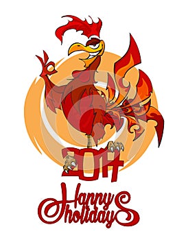 Lunar mascot Red Fiery Rooster of New Year and Christmas