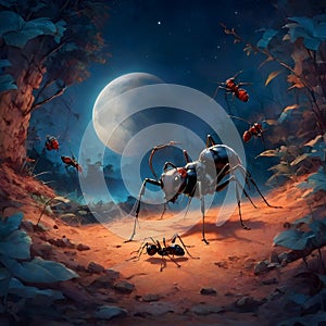 Lunar Menace: Giant Ants under the Moon