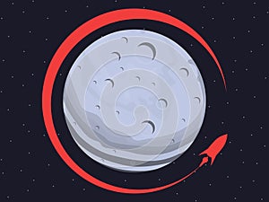 Lunar mission. Rocket flying around the moon. Earth satellite. Vector