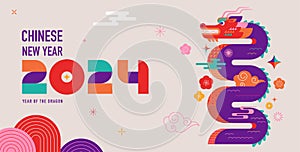 Lunar new year background, banner, Chinese New Year 2024 , Year of the Dragon. Geometric modern style