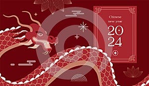 Lunar new year background, banner, Chinese New Year 2024 , Year of the Dragon. Traditional minimalist modern style