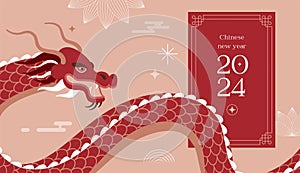 Lunar new year background, banner, Chinese New Year 2024 , Year of the Dragon. Traditional minimalist modern style