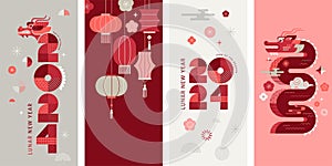 Lunar new year background, banners, story templates, Chinese New Year 2024 , Year of the Dragon. Geometric modern style
