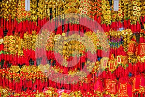 Lunar new year lucky decoration objects. words mean best wishes and good luck for the coming vietnamese new year