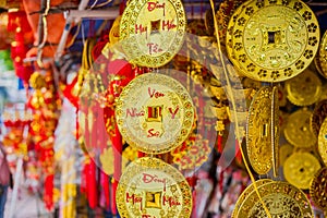 Lunar new year lucky decoration objects. words mean best wishes and good luck for the coming vietnamese new year