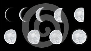 Lunar phase icon set. Whole cycle from new moon to full moon. Lunar eclipse stage. Round shaped celestial collection