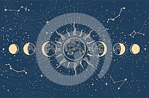 Lunar phases and moon eclipse, mystical moon in space, astrology and horoscope background, oneiromancy