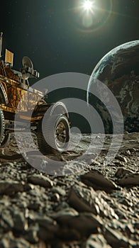 Lunar rover on the moon surface with earth in the background