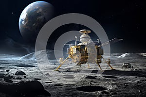 Lunar spacecraft lander module sitting on the Moon's south pole. Lunar Exploration Program. Outer space missions