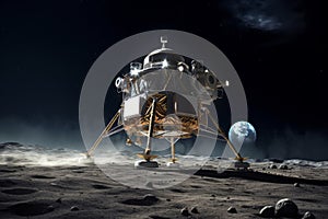 Lunar spacecraft lander module sitting on the Moon's south pole. Lunar Exploration Program. Outer space missions