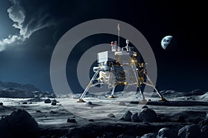 Lunar spacecraft lander module sitting on the Moon's south pole. Lunar Exploration Program. Outer space missions