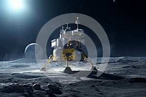 Lunar spacecraft lander module sitting on the Moon's south pole. Lunar Exploration Program. Outer space missions