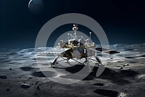Lunar spacecraft lander module sitting on the Moon's south pole. Lunar Exploration Program. Outer space missions