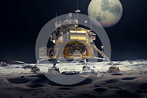 Lunar spacecraft lander module sitting on the Moon's south pole. Lunar Exploration Program. Outer space missions