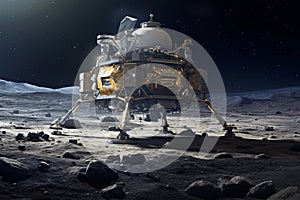 Lunar spacecraft lander module sitting on the Moon's south pole. Lunar Exploration Program. Outer space missions