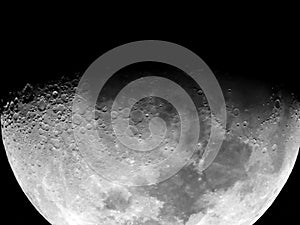 Lunar surface of moon showing craters, mares and mountains