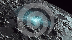 Lunar surface showing a large impact crater with ejecta rays radiating from the photo