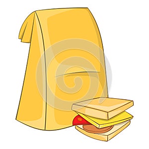 Lunch bag and sandwich icon, cartoon style