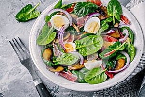 Lunch bowl of spinach salad with bacon, mushrooms, eggs and red onions