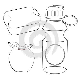 Lunch box, apple, water bottle coloring page