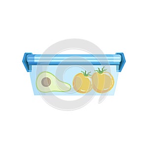 Lunch box with avocato and tomatoes, healthy food for kids and students vector Illustration on a white background