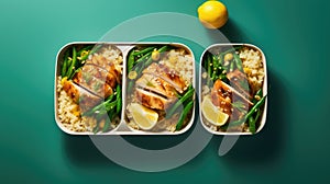 lunch box containers showcasing perfectly grilled chicken, a serving of rice, and a side of green beans with corn, that