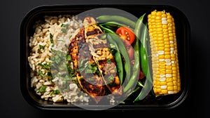 lunch box containers showcasing perfectly grilled chicken, a serving of rice, and a side of green beans with corn, that