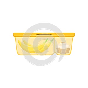 Lunch box with cupcake and banana, healthy food for kids and students vector Illustration on a white background