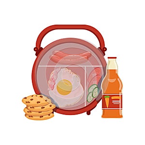 Lunch box with egg, sausage, vegetables, cookie and bottle of juice, healthy food for kids and students vector