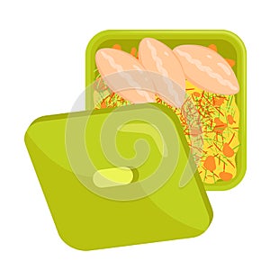 Lunch box with food, top view of plastic square container with open lid and dish