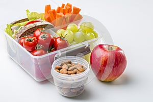 Lunch box with fresh vegetables and fruits.