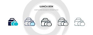 Lunch box icon in different style vector illustration. two colored and black lunch box vector icons designed in filled, outline,