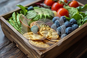 Lunch box of leaf salad avocado blueberries