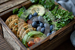 Lunch box of leaf salad avocado blueberries