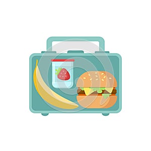 Lunch Box with school snack food banana, tasty sandwich and yogurt with strawberry isolated on white background.