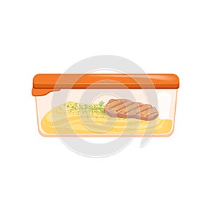 Lunch box with mashed potatoes and grilled meat, healthy food for kids and students vector Illustration on a white