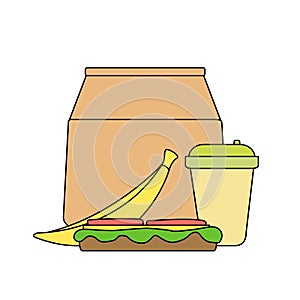 Lunch box: paper bag, banana, sandwich with cheese and tomato salad, coffee in a paper cup photo